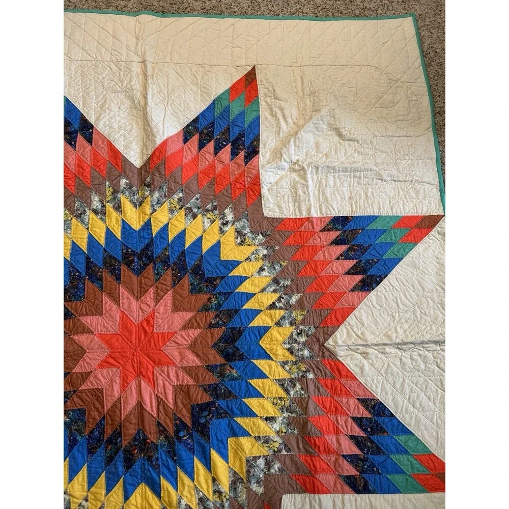 Vintage Handmade Lone Star Scrap Quilt Large Center Medallion Teal Border